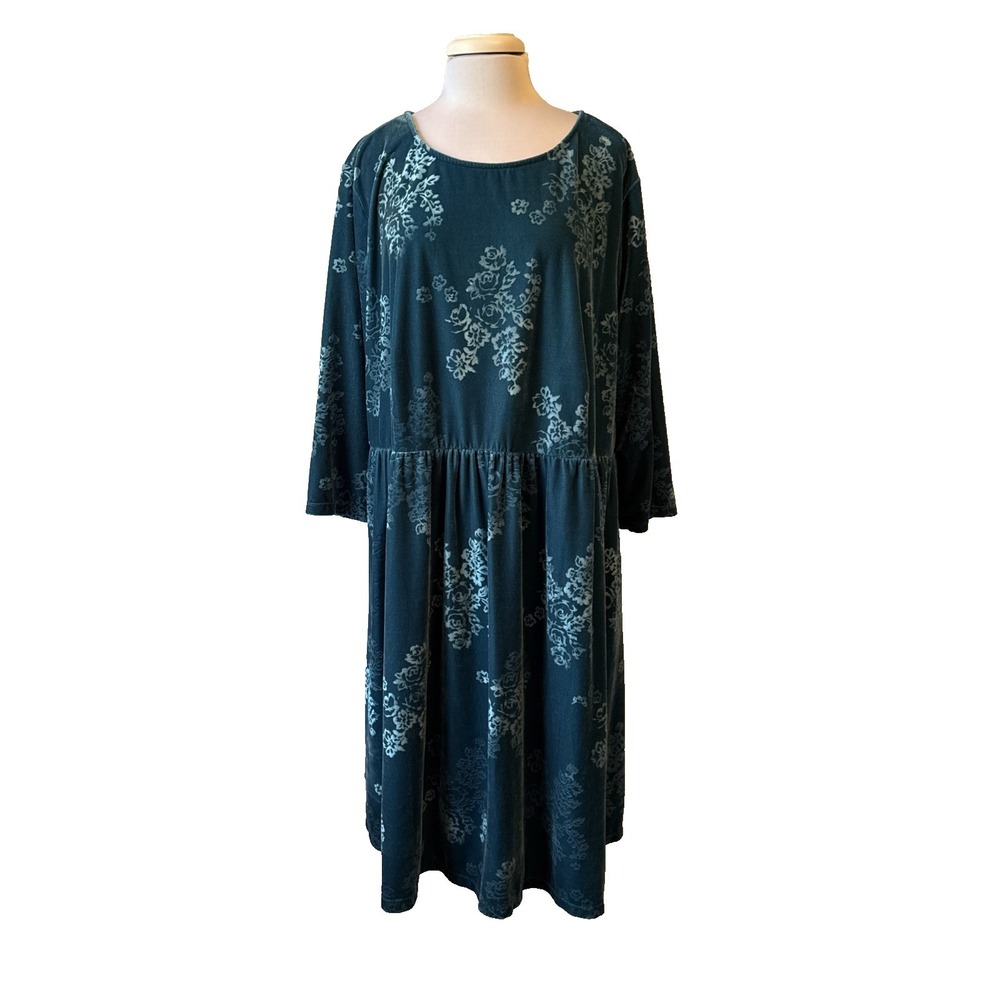 Woman Within Floral Velvet Burnout Drop Waist Pocket Midi Dress‎ Plus 28W Teal